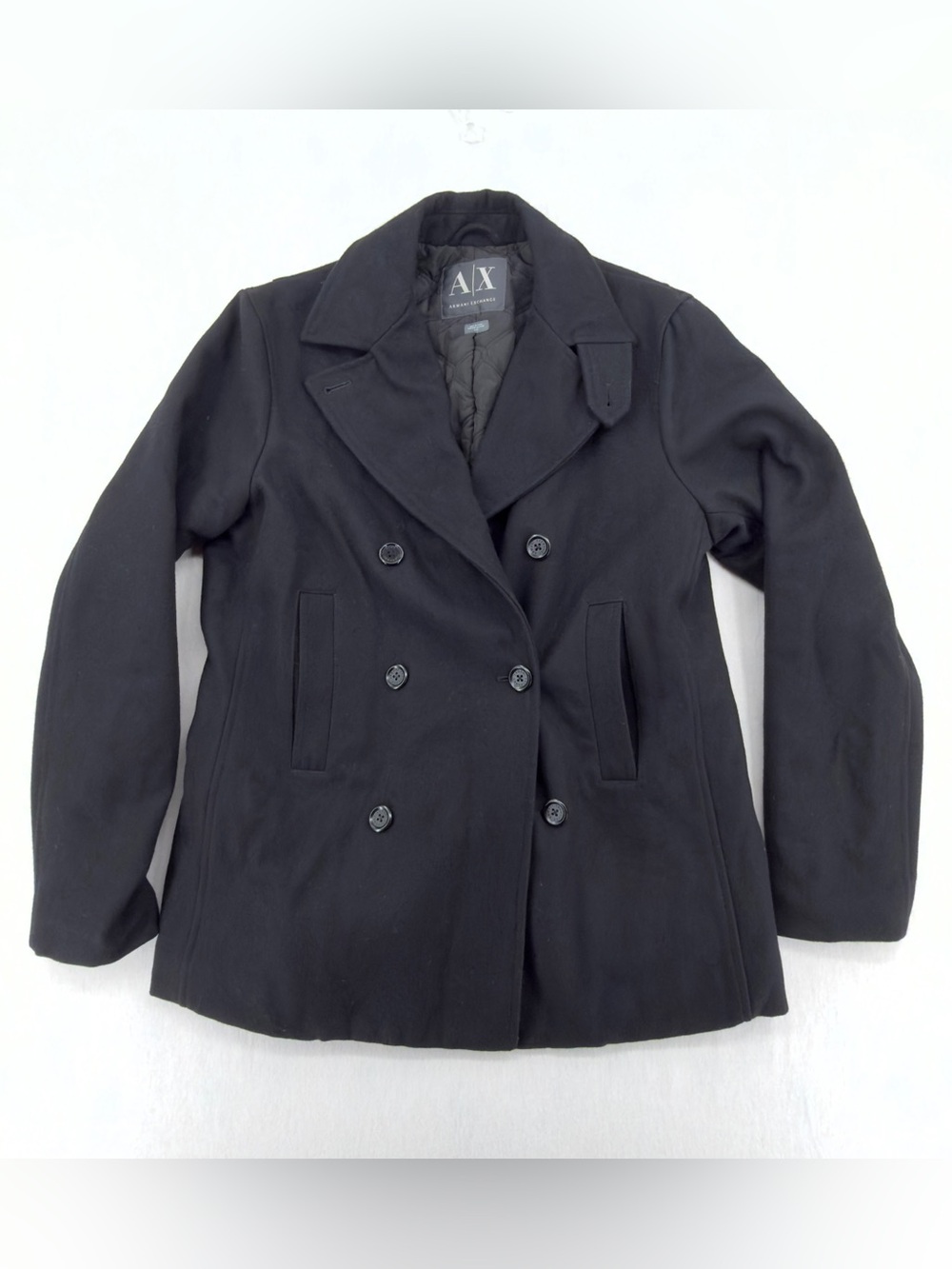 Armani Exchange Men's Black Double-Breasted Wool Blend Pea Coat